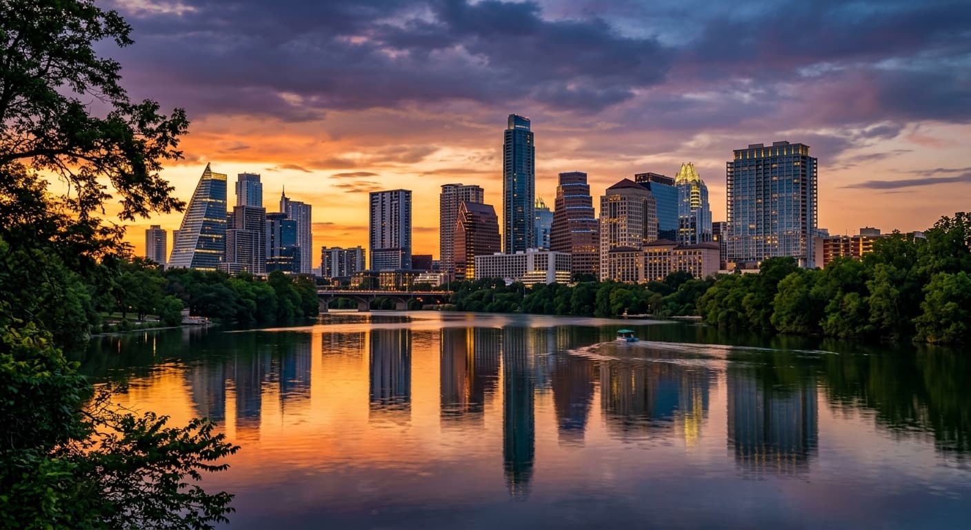 Vue panoramique de la skyline d'Austin au coucher du soleil avec le fleuve Colorado au premier plan.