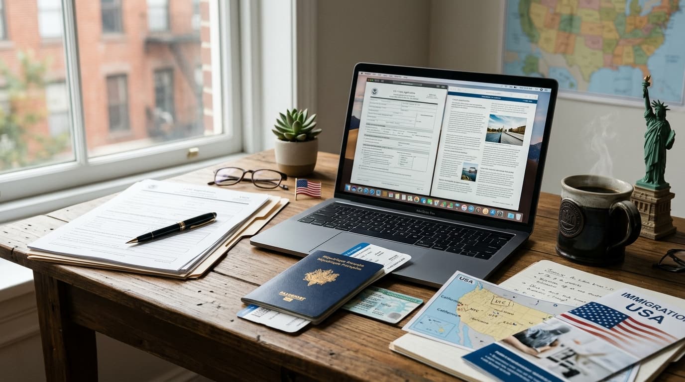Passeport français, formulaires d'immigration américains et ordinateur sur un bureau élégant