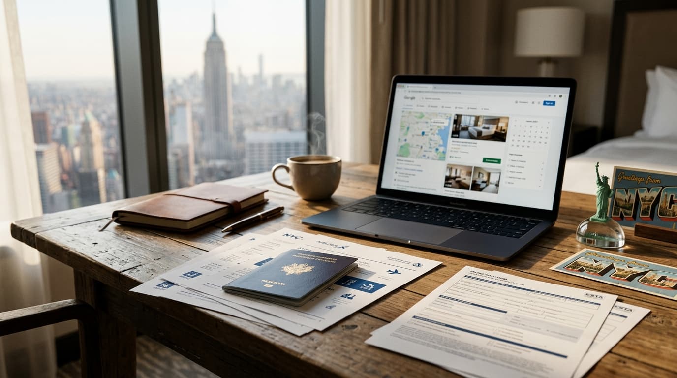 Dossier de planification de voyage à New York avec passeport français et documents financiers sur un bureau élégant.