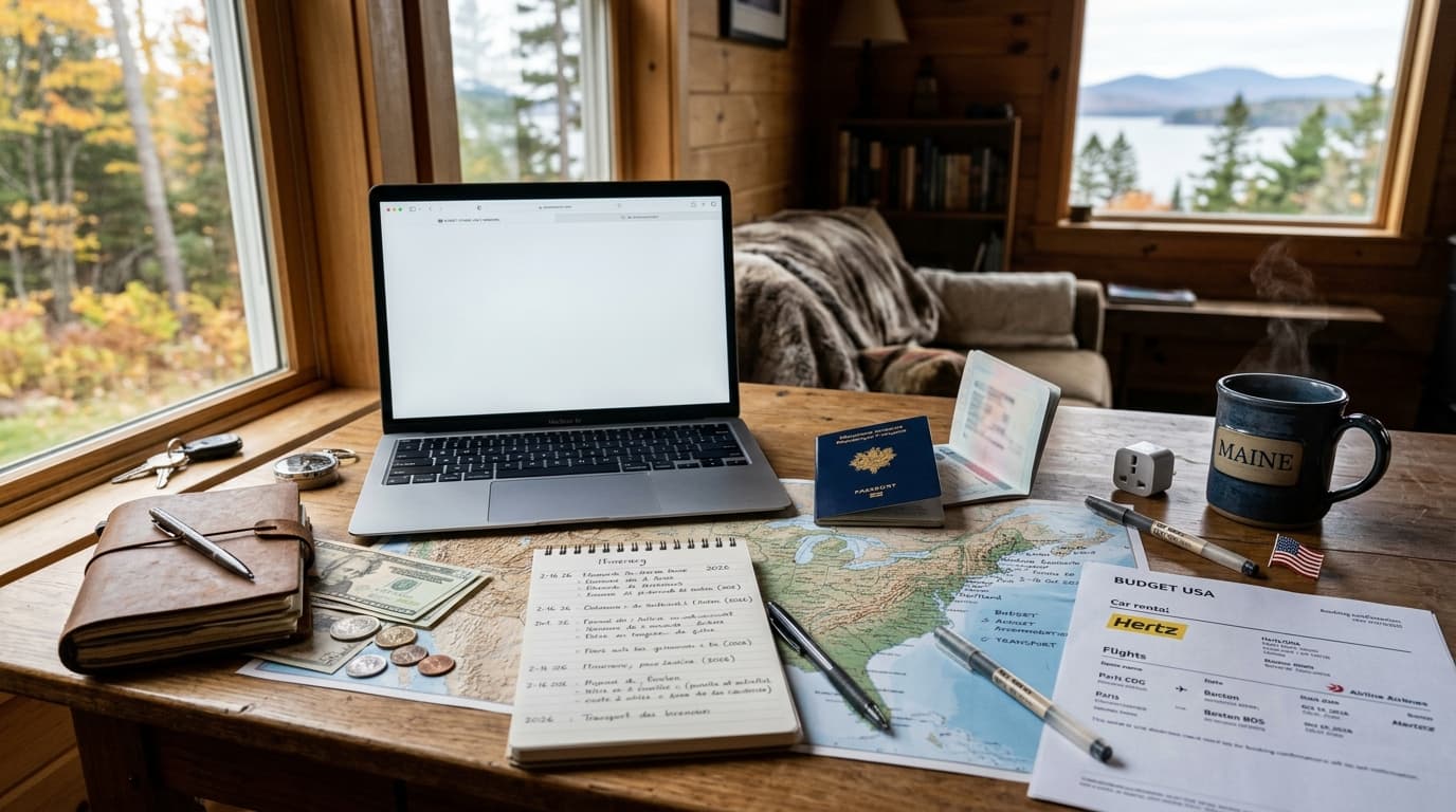 Dossier de planification de budget pour un voyage de 2 semaines aux USA en 2026 avec passeport français et ordinateur sur un bureau.
