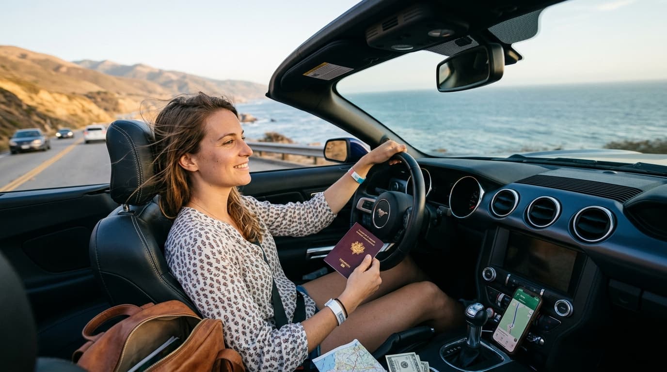 Une voiture de location sur une route panoramique américaine, illustrant la conduite aux États-Unis avec un permis français.