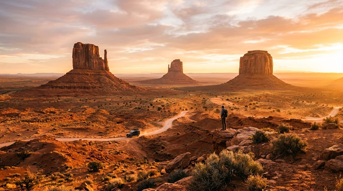 Paysage emblématique de l'Ouest américain baigné par la lumière dorée du coucher de soleil