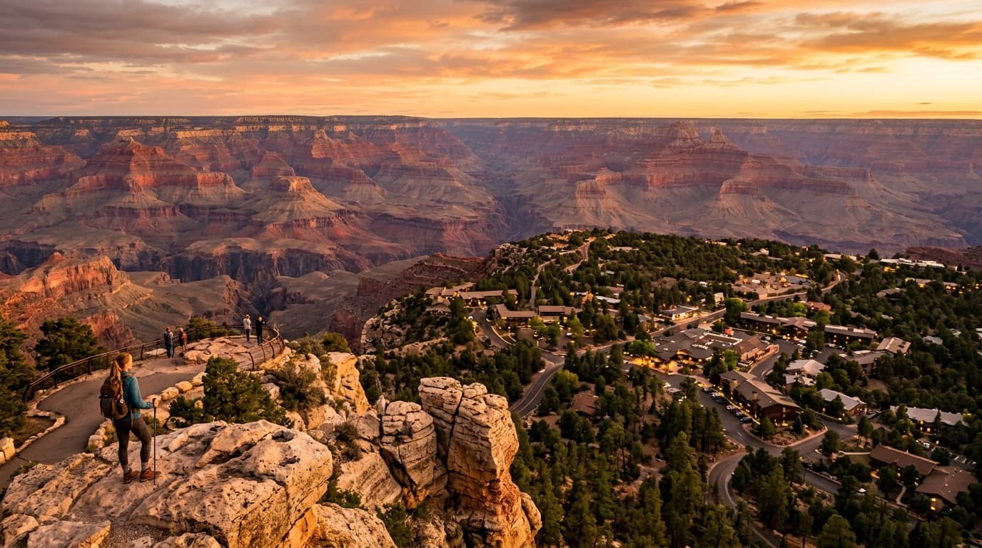 Vue panoramique du Grand Canyon au coucher du soleil avec une lumière dorée sur les falaises rocheuses