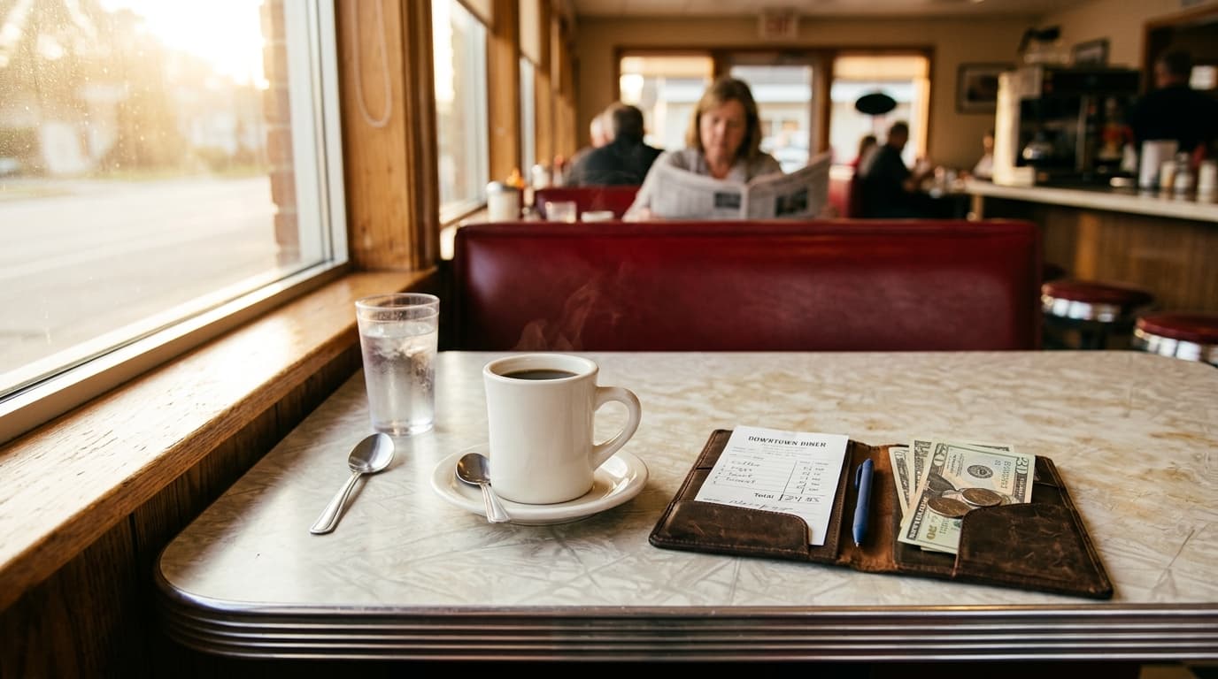 Table de diner américain avec une addition, un stylo et des billets de dollars pour le pourboire aux États-Unis.