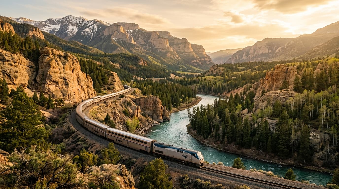 Train Amtrak California Zephyr traversant les paysages spectaculaires des montagnes Rocheuses au coucher du soleil