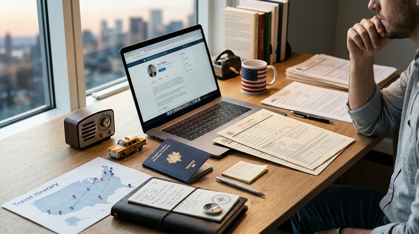 Passeport français, documents administratifs américains et ordinateur portable sur un bureau élégant pour planifier une expatriation aux...