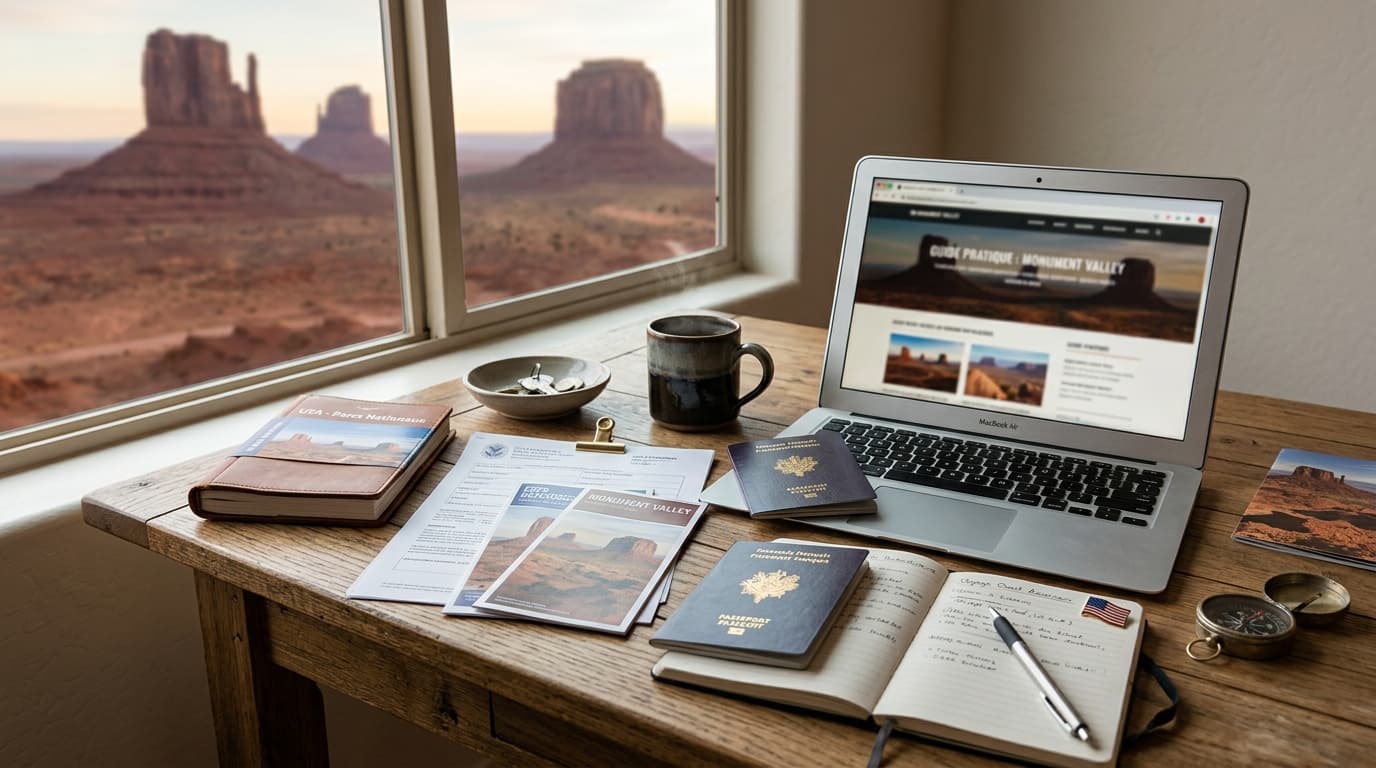 Documents de voyage, passeport français et ordinateur sur un bureau pour planifier une visite à Monument Valley