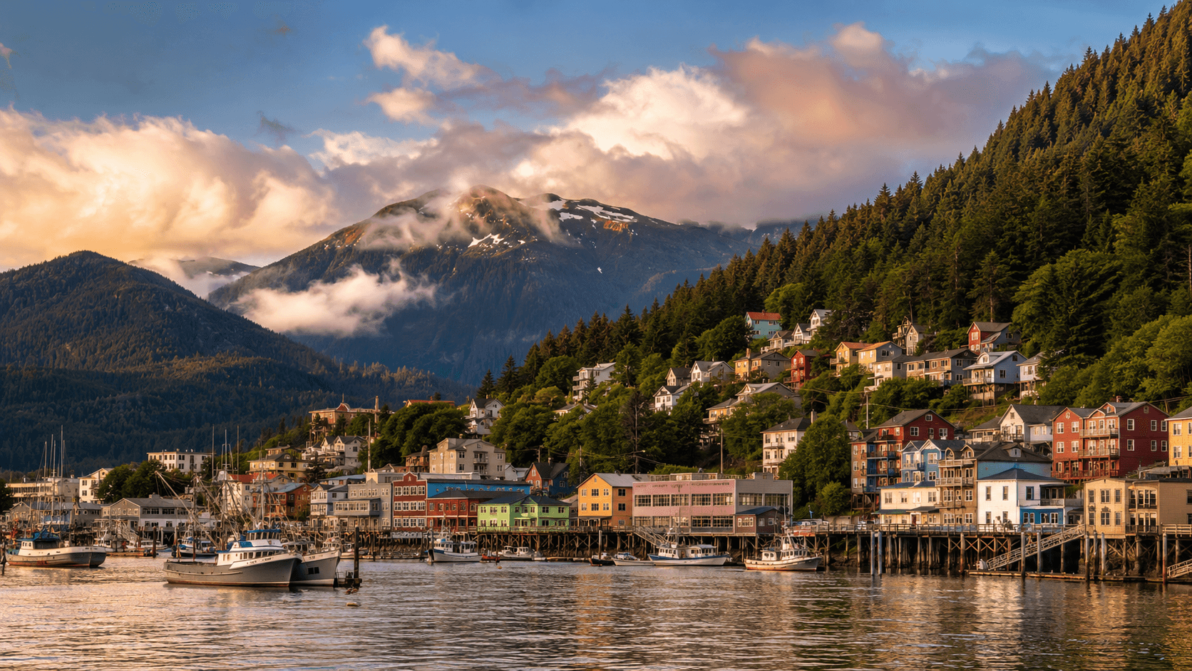 Panorama de la ville de Juneau en Alaska, une destination d'expatriation unique entre le Gastineau Channel et les montagnes. (Ici, on aide Google à comprendre le contexte géographique précis).